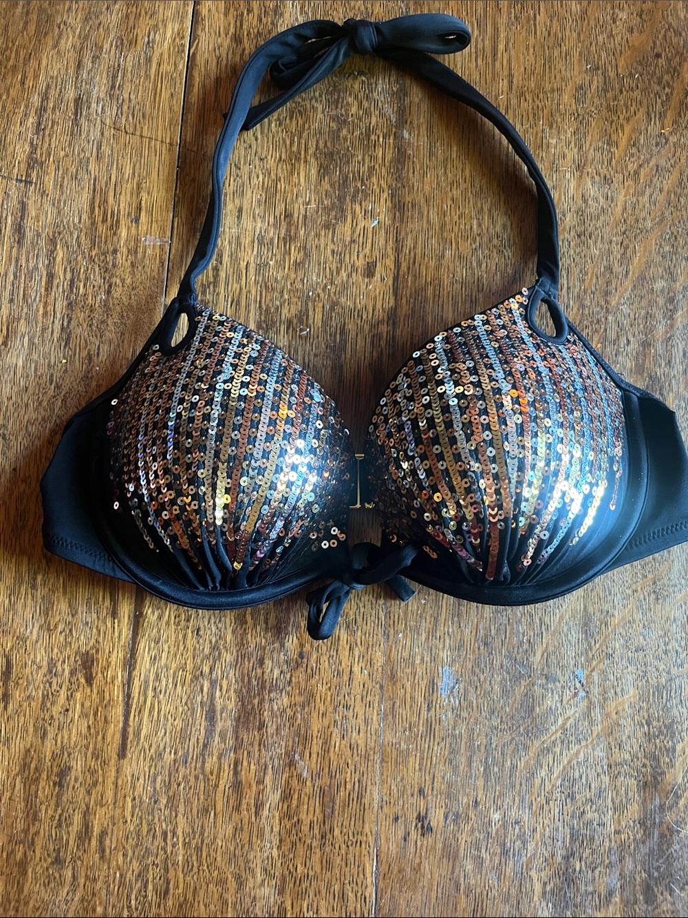 Victoria's Secret Black Halter Bikini top with Gold & Bronze Sequin Stripes